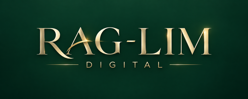 Logo horizontal Rag-lim Digital en dorado sobre verde esmeralda